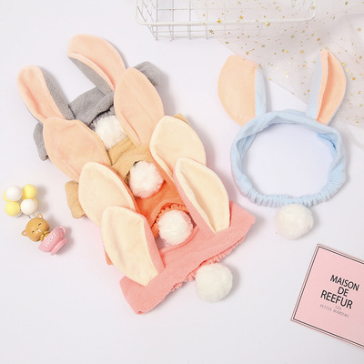 欧阳娜娜同款毛球兔耳朵束发带珊瑚绒发带女士头带发箍义乌