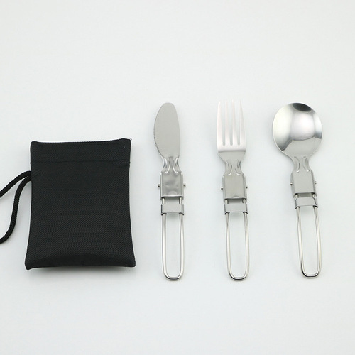 Cross-border exclusive three-piece stainless steel folding tableware set for outdoor travel, portable folding knife, fork and spoon in cloth bag