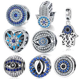 原创设计925银珠子diy蓝色恶魔之眼睛散珠手链饰品配件法蒂玛守护