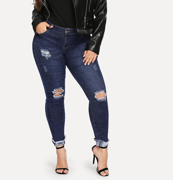 Jeans ajustados con agujeros de cintura alta elásticos de talla grande NSXXL128249