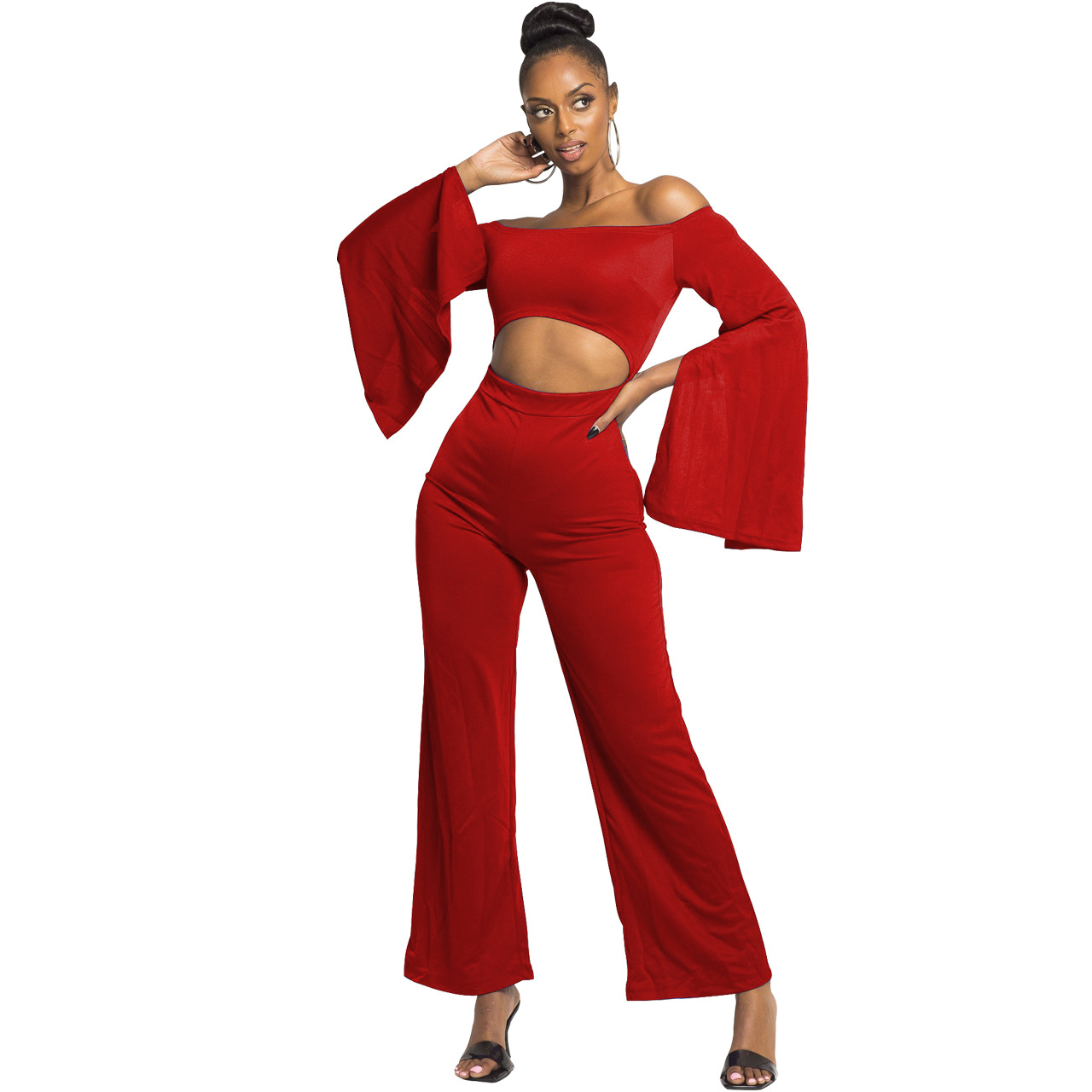 Boutique Casual Solid Color Long Sleeves Cropped off Shoulder Jumpsuit