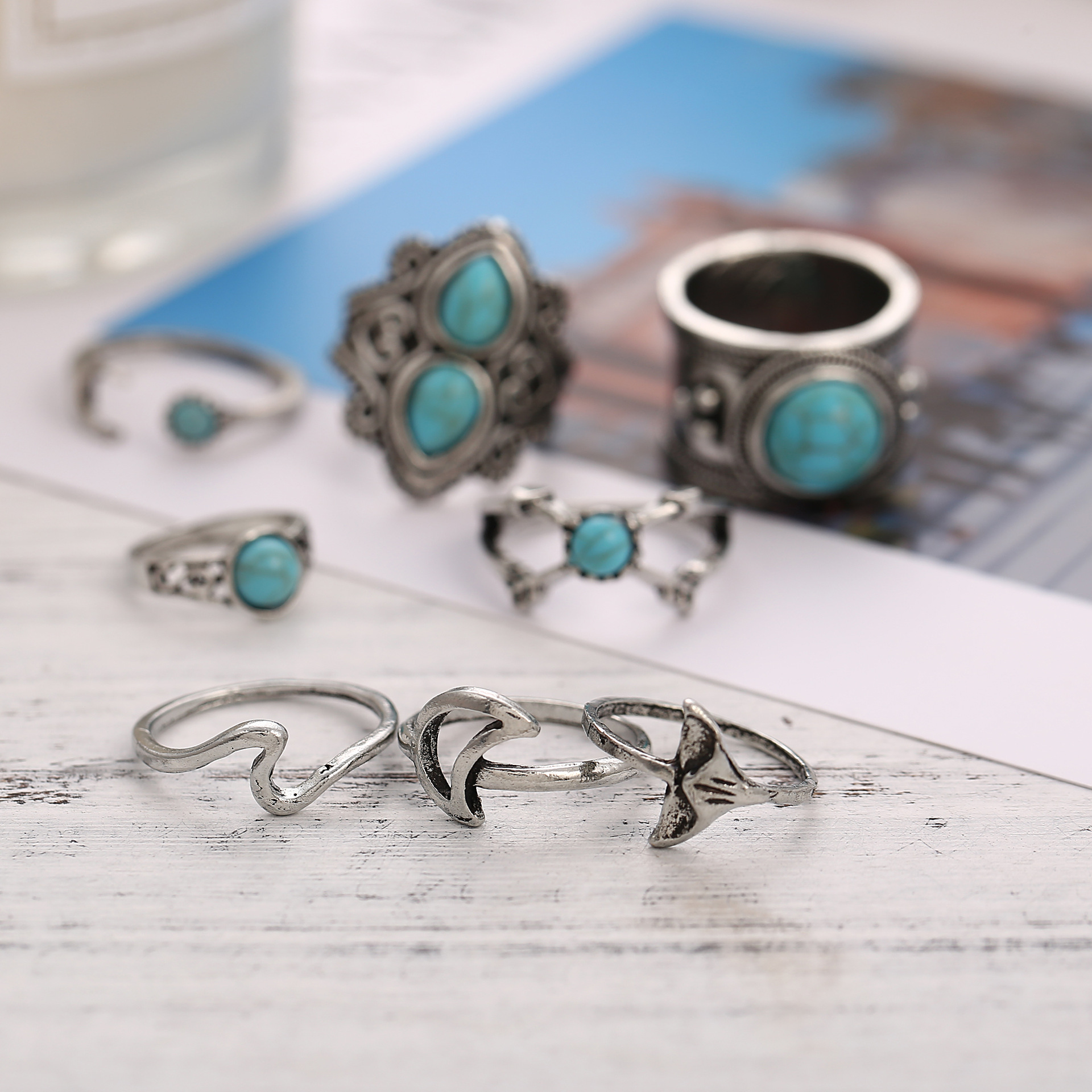 Creative retro sea fish tail embedded turquoise ring set 8 piece set NHPJ128290picture9