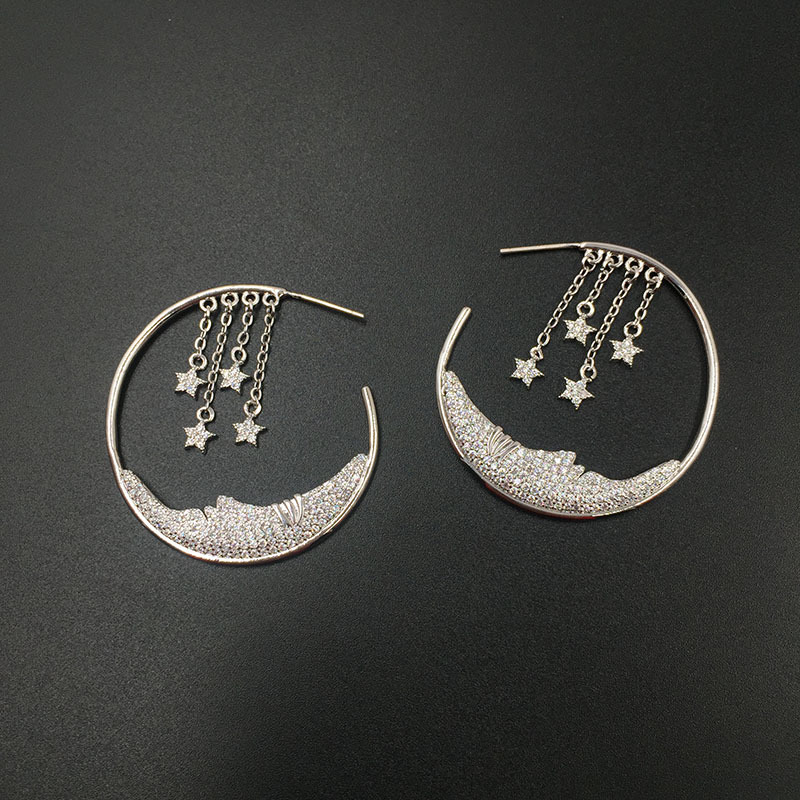S925 Silver Pin Micro-inlaid Zircon Luxury Stars Tassel Earrings Moon Creative Circle Earrings display picture 5