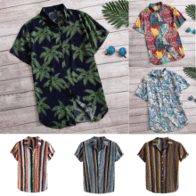 2021跨境热卖亚马逊wish男士夏威夷风格休闲宽松沙滩度假印花衬衣