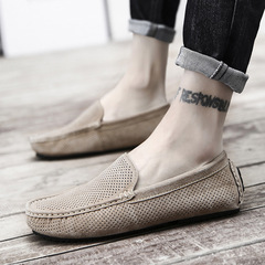 Men's Summer Mesh Breathable Bead Shoes with Suede Leather, Genuine Leather, Personalized Stylish, Versatile Men's Slippers, Casual Shoes