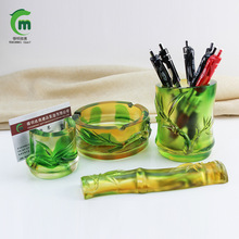古法琉璃竹子笔筒镇纸毕业季纪念礼品办公室书房高档笔筒摆件套装