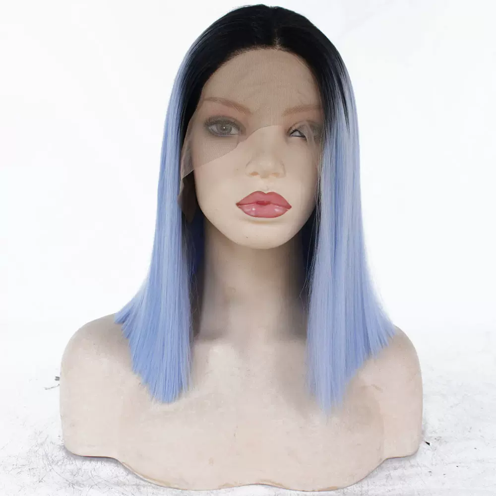 厂家化纤假发 新款13*4前蕾丝头套渐变色齐底短直发一件代发