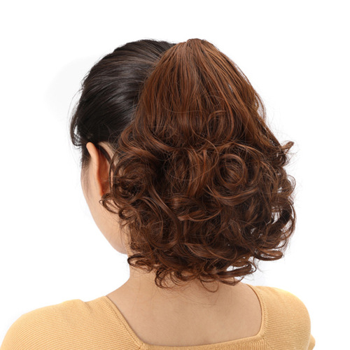Fake ponytail short curly hair, claw clip ponytail small curls, realistic short hair ponytail catcher type pear flower curl chemical fiber wig ponytail