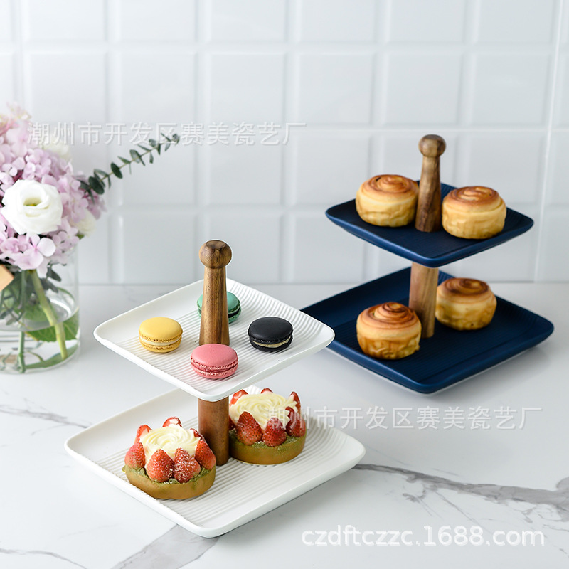Directo de fábrica Estilo nórdico cuadrado recto de doble capa plato de fruta plato de merienda de cerámica plato de pastel de té de la tarde Placa de cadena