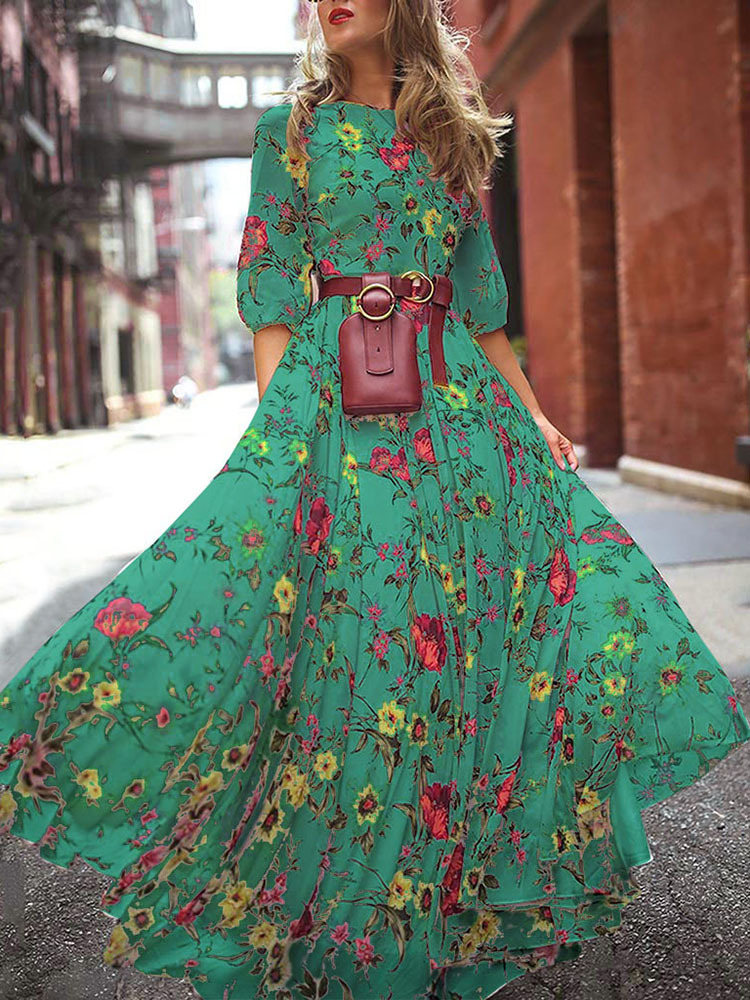 Robe ceinture transfrontalière à imprimés européens et américains, style bohème, col rond, manches trois-quarts, jupe longue._voghion.com