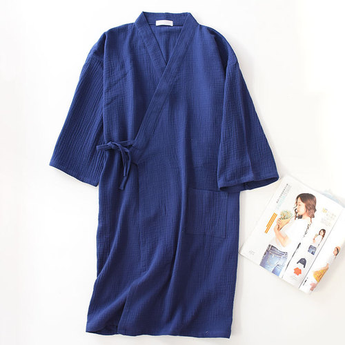 Cotton crepe kimono robe couple spring and summer thin cotton Japanese style lace-up robe loose breathable sweat steamer suit