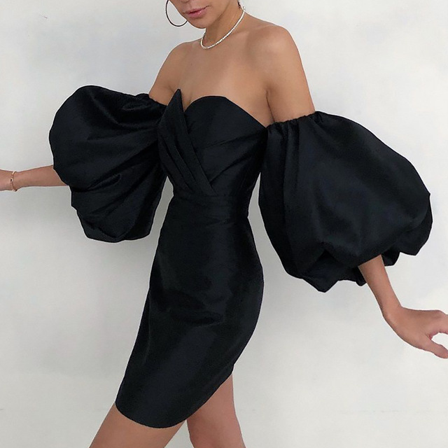 Low solid sexy Strapless back puff sleeve slim dress