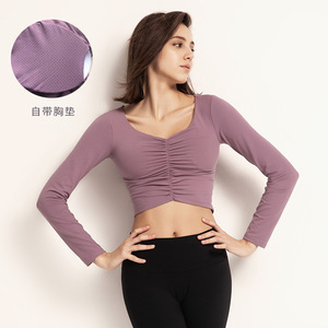Yoga suit long sleeve women sexy navel exposed running fitness top with breast pad tight sports T-shirt for women