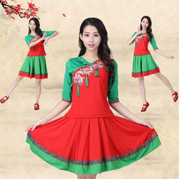 Квадратная танцевальная одежда новый костюм летний костюм со средним рукавом Короткая юбка танцевальная одежда Женский взрослый костюм из двух частей