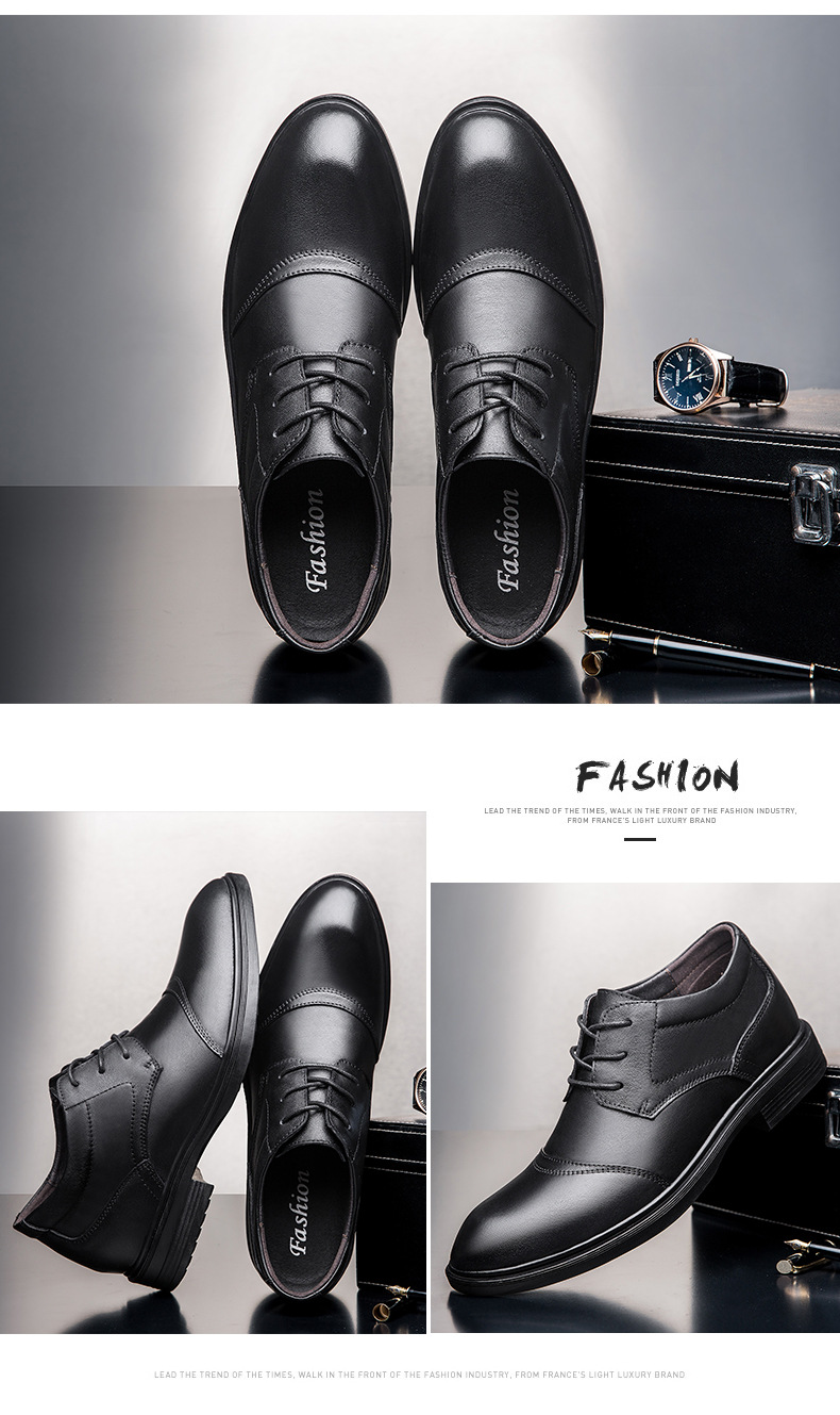 Men's Shoes Inner Height Increase Dress Lace-up Workplace Tooling Leather Shoes Round Head Shallow Mouth Shoes_voghion.com