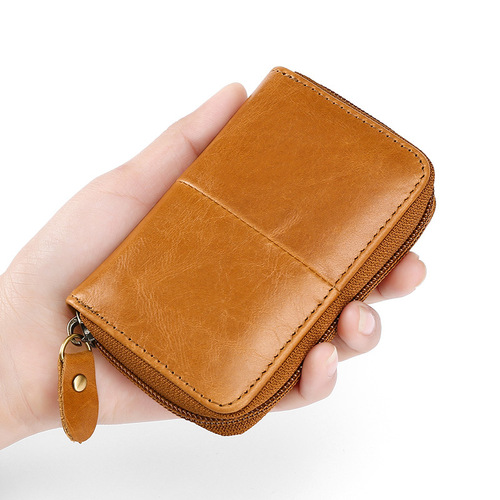 European and American RFID anti-magnetic first-layer cowhide card bag genuine leather zipper accordion card holder retro oil wax leather coin purse card bag