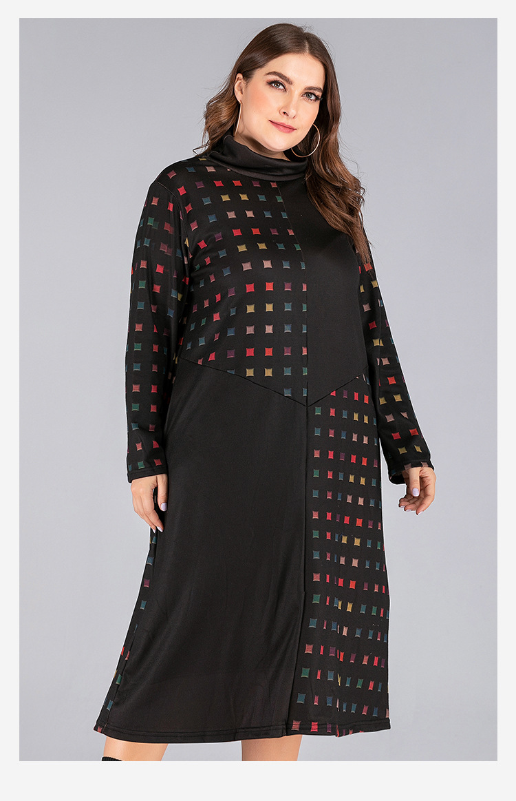 plus size high collar long sleeve checkered print stitching dress  NSJR17220