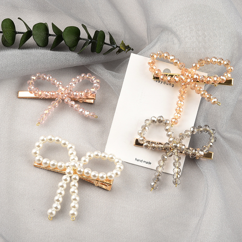 Korean Internet Celebrity Crystal Pearl Beaded Woven Hairpin Girl's Bangs Edge Clip ins Simple Bow Plate Hairpin