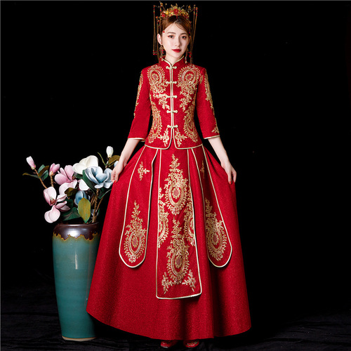 red and gold chinese wedding dress 'Qionghua'Orange Cheongsam Trailing Bridal Wedding Dress Chinese Wedding Dress main image 0