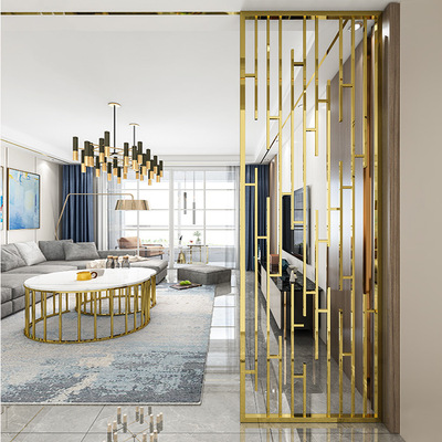 轻奢不锈钢屏风小户型客厅装饰墙镂空玄关隔断会所酒店背景墙隔屏