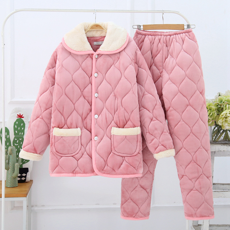 Women's Winter Thickeneded Pajamas Three-layer Quilted Warm Flannel Female Youth Home Clothes Winter Coral Velvet