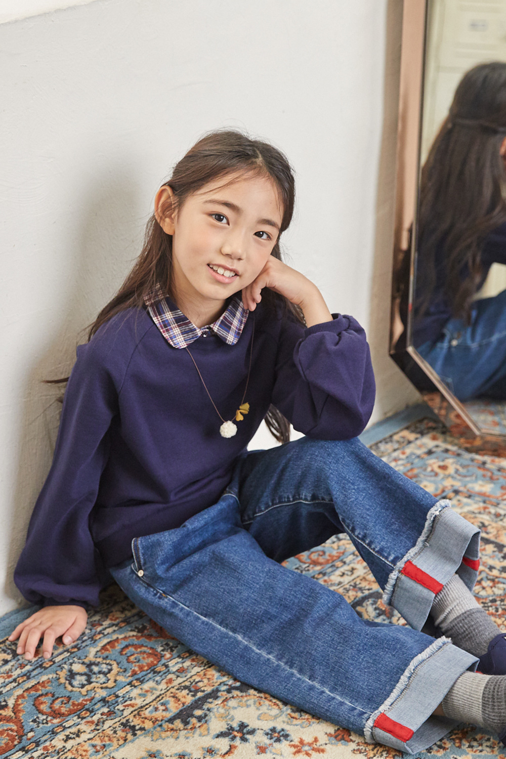 秋季女童纯棉毛圈假两件卫衣 韩国renoma kids原单衬衣领打底衣|ru