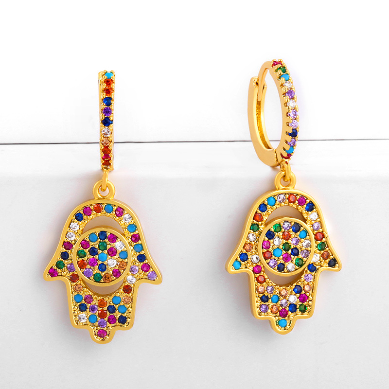 Ins Internet Celebrity Coloré Zircon Boucles D'oreilles Européen Et Américain Style Fatima Main Boucles D'oreilles Mode Personnalisé Oreille Clips Boucles D'oreilles Err55 display picture 2