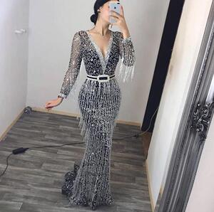 Women's silver sequined fringed evening Dress Long sleeve bronzing tassel host singers stage performance dress birthday party photos shooting long gown