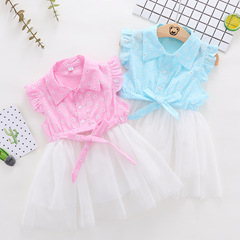 Q305 Foreign Trade Kids' Clothing Summer Girls' Snowflake Mesh Spliced Flared-Sleeve Dress Princess Style Dress