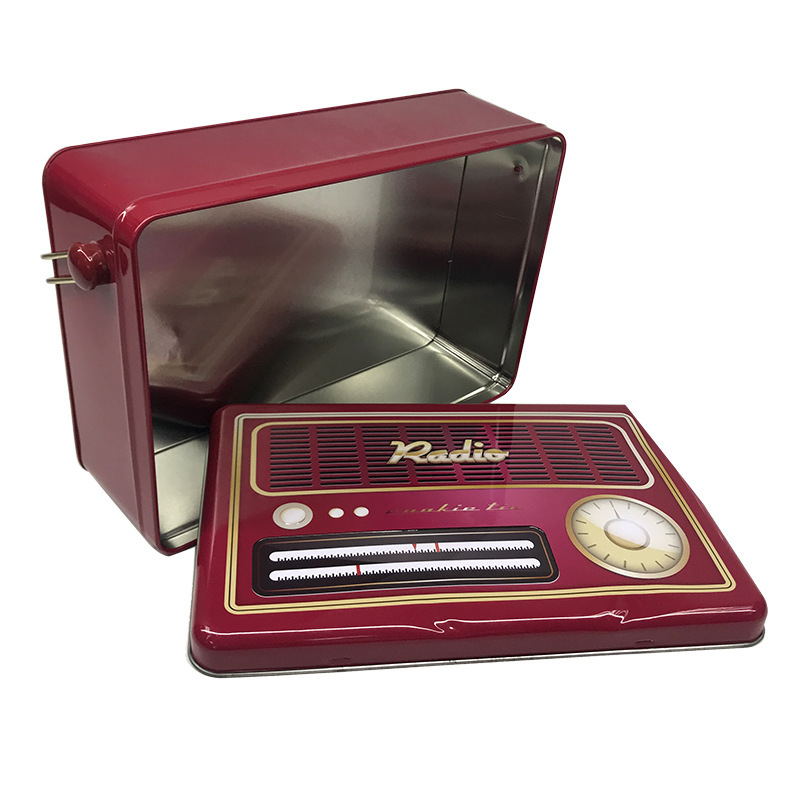 Caja Portátil de Hojalata Cuadrada con Diseño de Radio para Almacenamiento