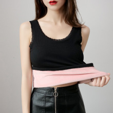 秋冬保暖背心女加绒加厚保暖内搭双层蕾丝花边圆领无袖打底衫批发