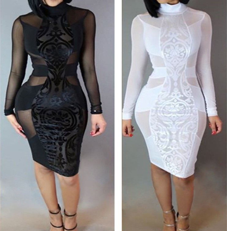 2019欧美速卖通EBAY爆款网布拼接植绒紧身连衣裙