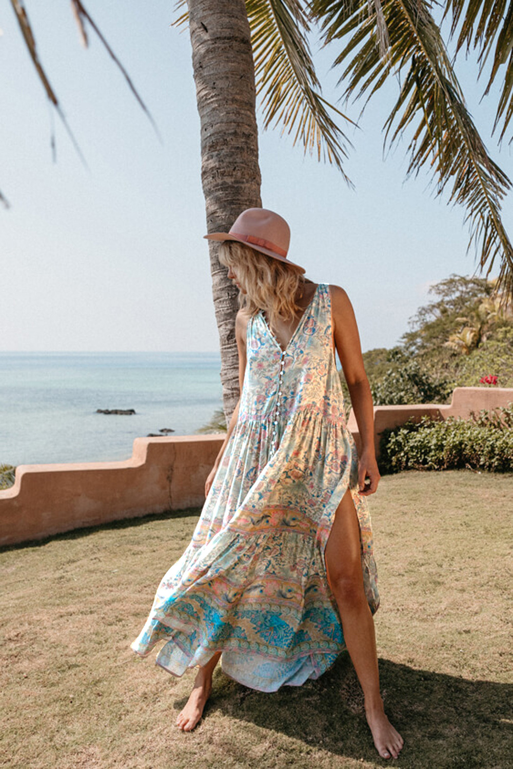 hot sale new chiffon beach vacation casual dress printed v-neck bohemian long skirt NSDF108