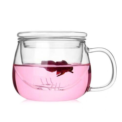 Glass cup, glass tea cup with handle, floral tea cup, round fun cup, three-piece cup, filtered tea cup, office water cup with lid