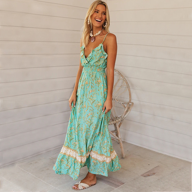 New Bohemian print Ruffle hem V-neck Halter Dress