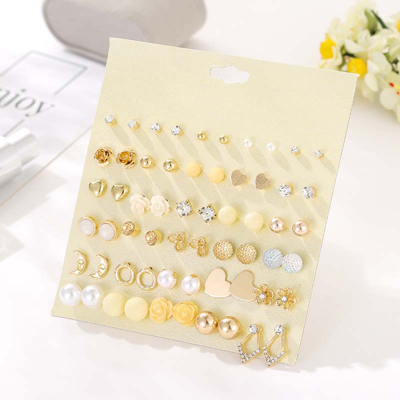 Vintage Studded Rhinestone Flower Pearl Earrings 30 Pairs Of Gold Earrings display picture 3