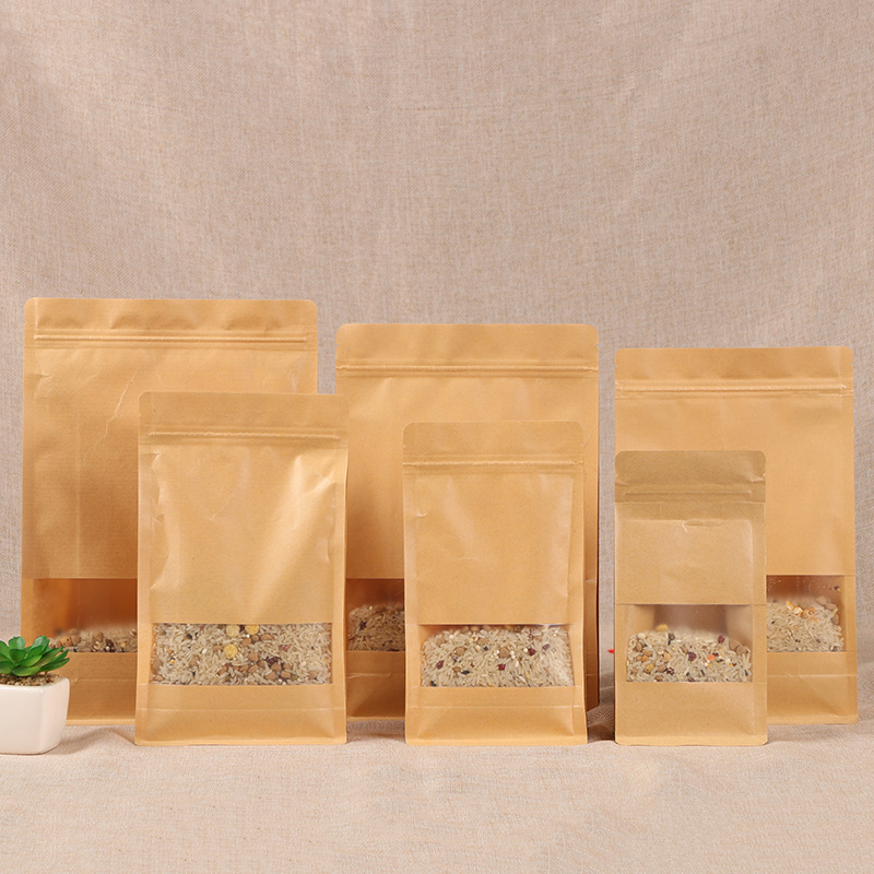 厂家直营磨砂开窗牛皮纸袋子自立自封干果货食品包装袋可加印logo