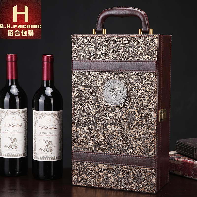 现货凤尾纹红酒包装盒 通用棕色PU皮质红酒礼盒 高档双支装红酒盒