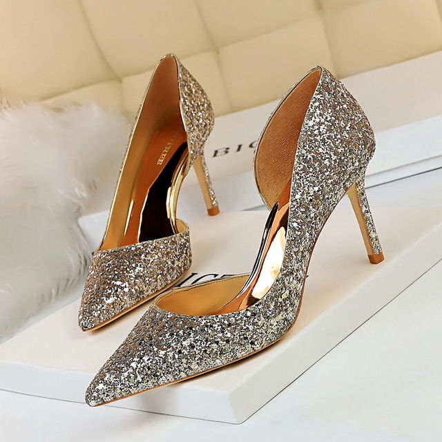 Sexy Night Club High-heeled Shoes Shallow Point Side Hollow Flash 