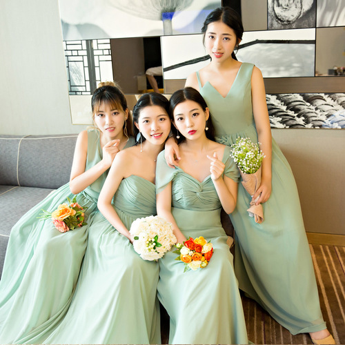 Matcha green long sling evening party dress sisters bridesmaid dress sling  host singers model show performance dress