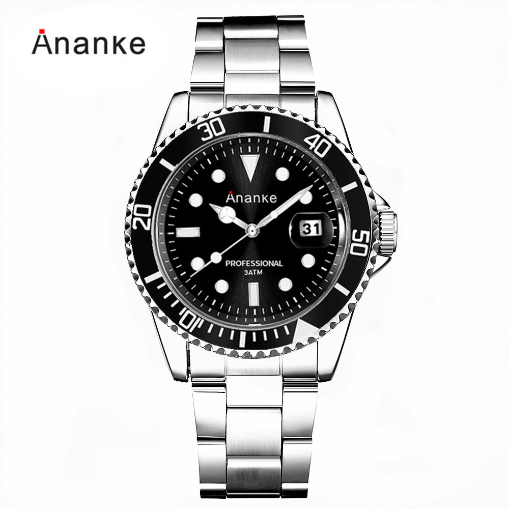 男士商务经典Ananke(阿南刻)水鬼手表旋转表圈钢带防水夜光手表|ru