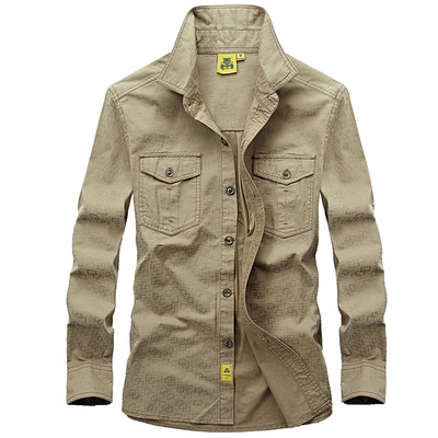 戰地長城春秋休閑純棉水洗暗花襯衫男士軍旅工裝雙袋寬松長袖襯衣