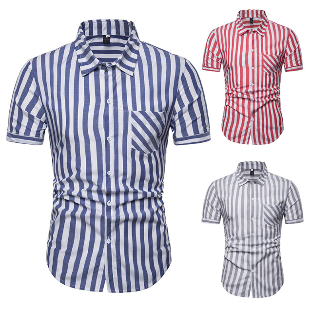 Fashion Coarse Stripe Short-sleeved Men’s Turn-collar Shirts