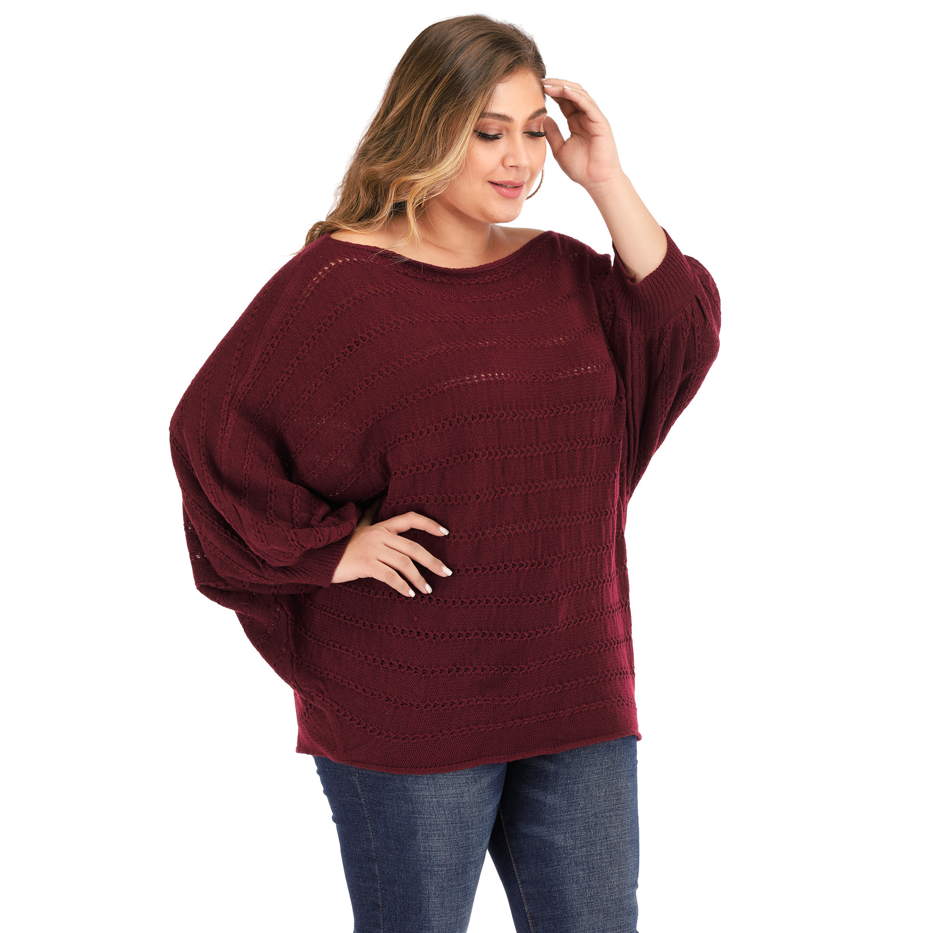 plus size bat-sleeved woven sweater  NSOY26830