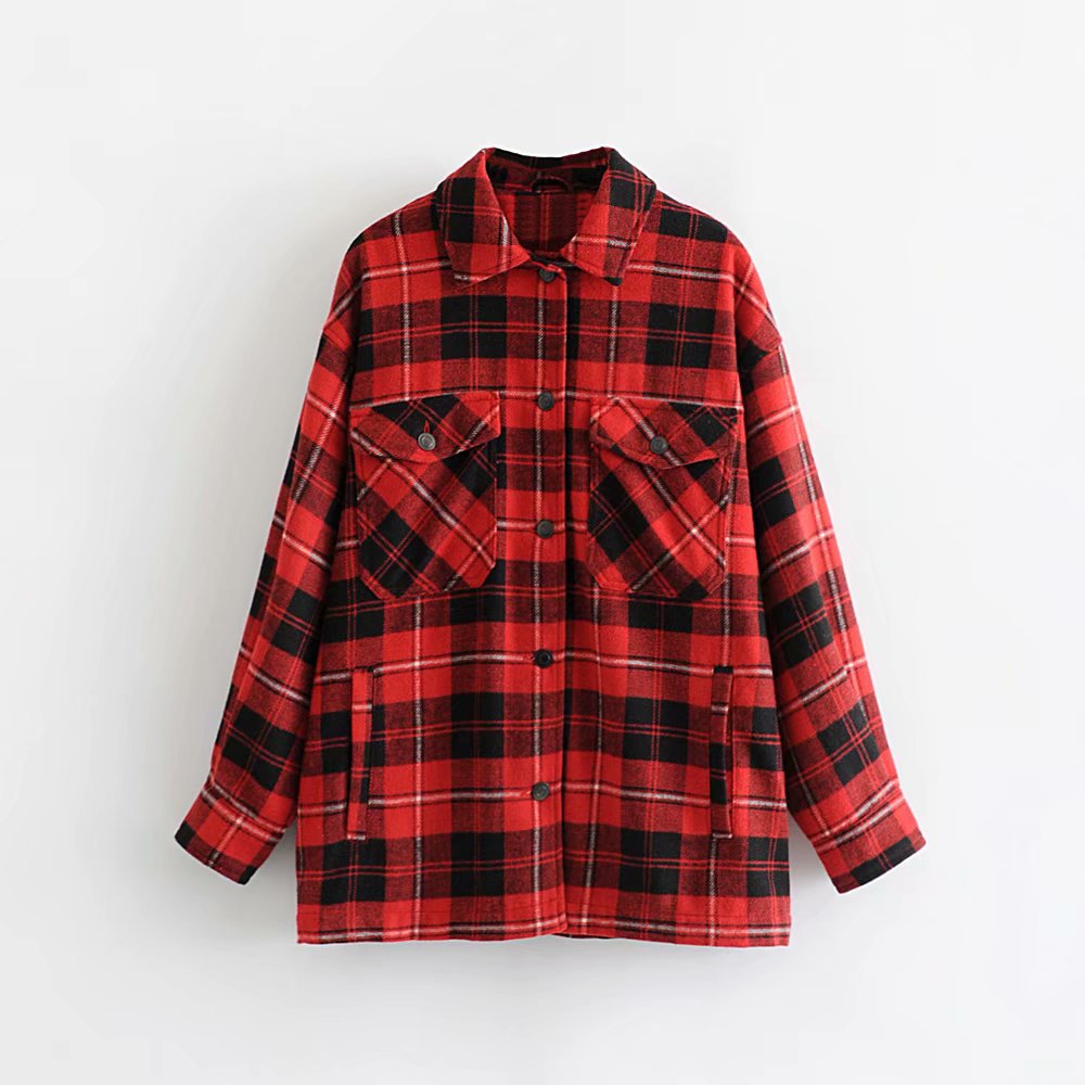 plaid lapel long-sleeved shirt jacket NSHS25279