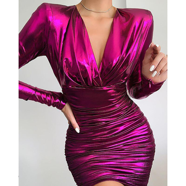 New Amazon flash sexy deep V pleated wrap hip women’s dress