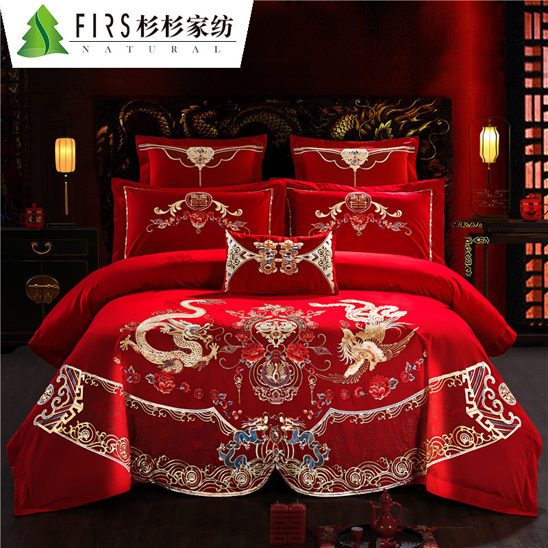 Shanshan textile Cotton Wedding celebration Four piece suit Bright red marry Bedclothes Wedding Wedding celebration Multiple sets of wholesale