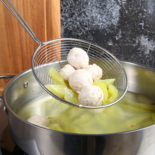 Factory direct sales stainless steel wire drain hot pot frying oil grid filter spoon net drain 201 large round tube colander strainer