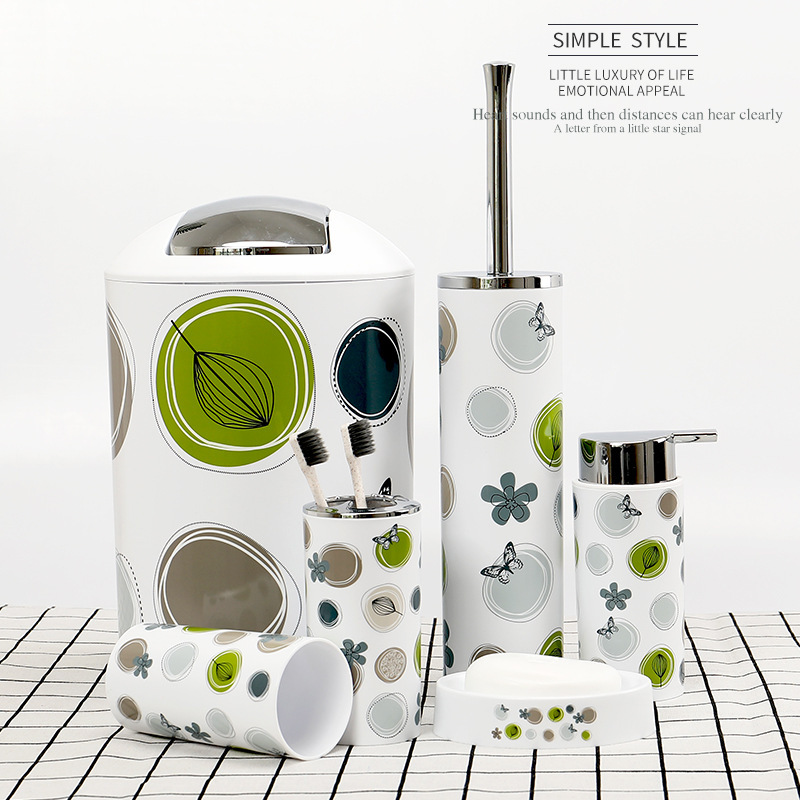印花塑料卫浴6套件 绿圆洗漱用品套装欧式洗漱套装酒店浴室用品|ms