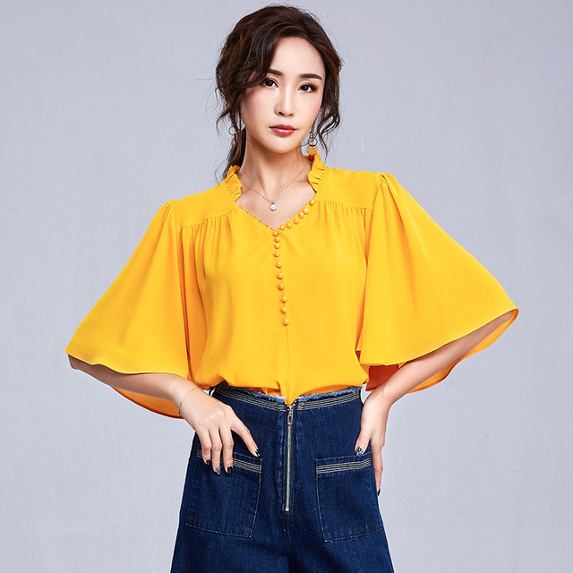 New Lotus Leaf Sleeve Mulberry Ear V-collar Chiffon Pullover Top